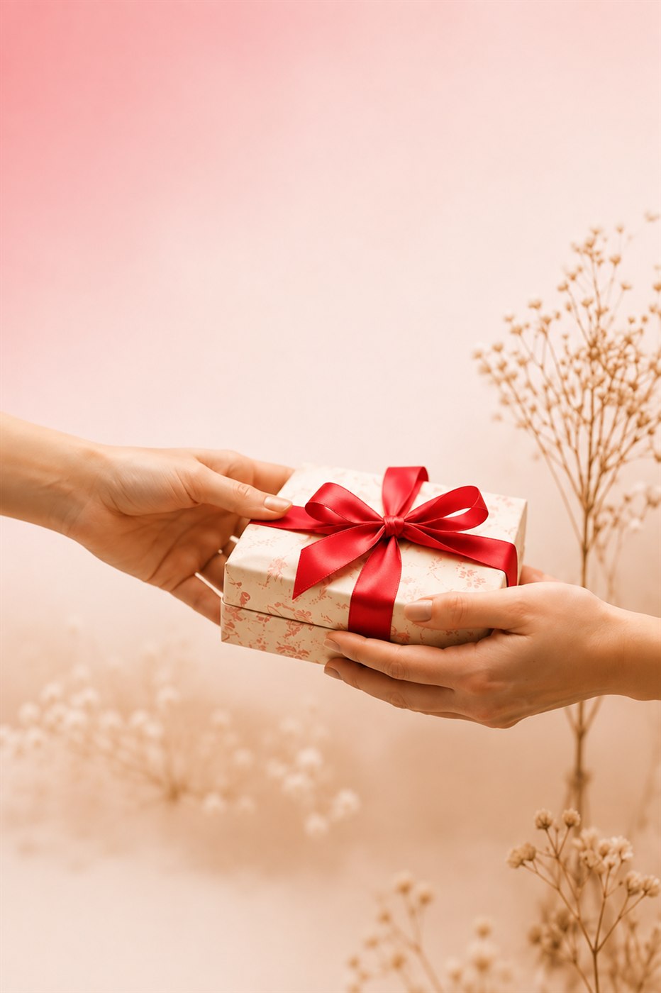 Une main tend un cadeau enveloppé avec un ruban rouge à une autre main qui le reçoit